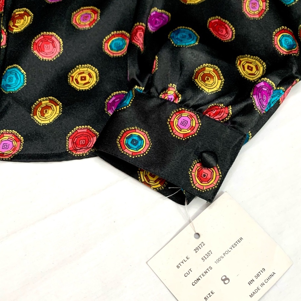 NWT Vintage “Notations” multi color gems on black print long sleeve blouse- 8 - Picture 8 of 12